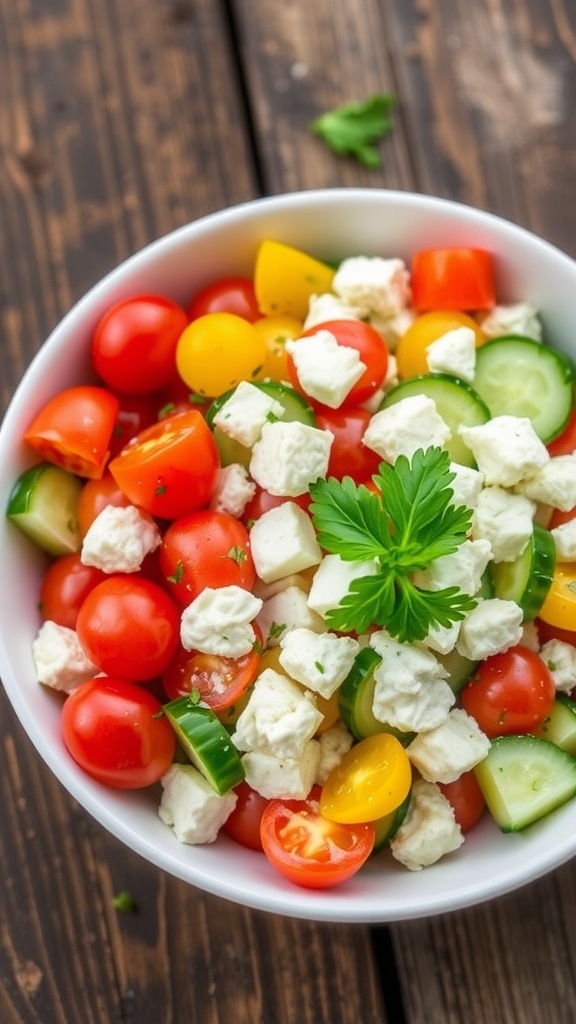 Healthy Feta Salad Recipe A healthy feta salad with cherry tomatoes, cucumbers, feta cheese, and parsley on a rustic table.